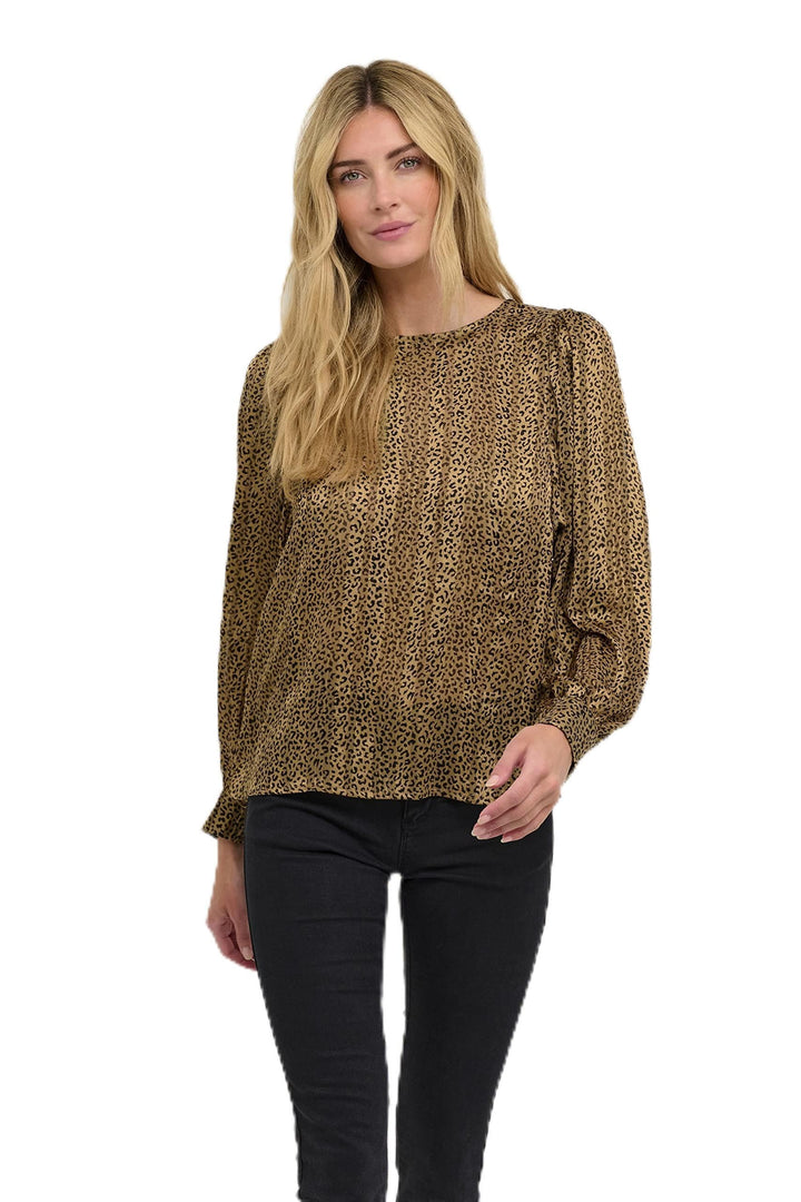 KAFFE Langarm Bluse KAsimi Damen Bluse Langarm Rundhals Print Shirt Standard 34 Brown Leopard Print,