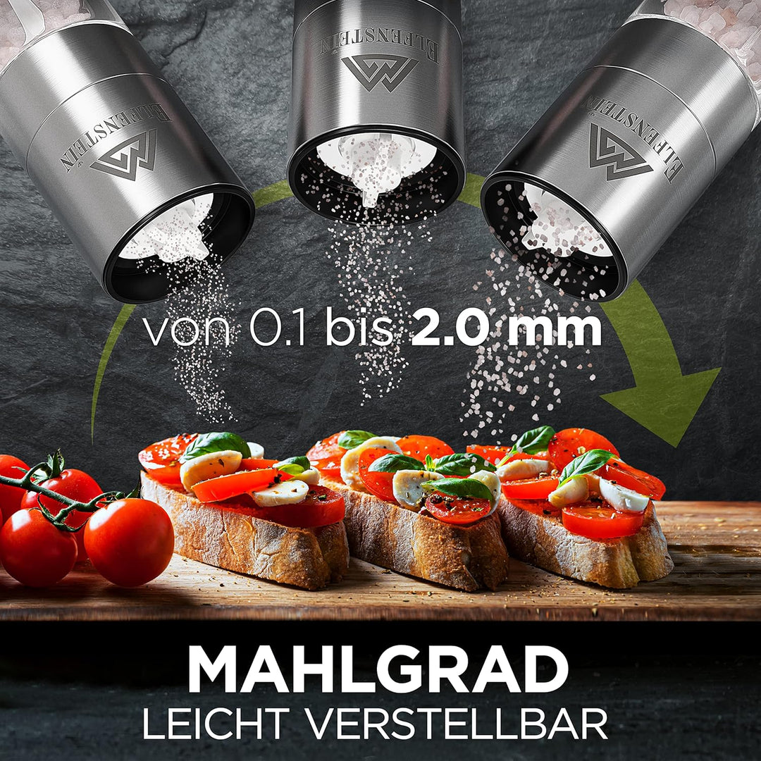 Edelstahl Salz und Pfeffermühle Set mit Keramikmahlwerk - stufenlos einstellbar, Pfeffer und Salzmüh