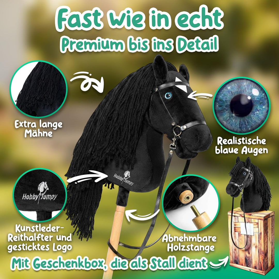 Premium Hobby Horse,Steckenpferd,Stockpferd mit realistischen Augen & Stall‑Karton – Braun oder Schw