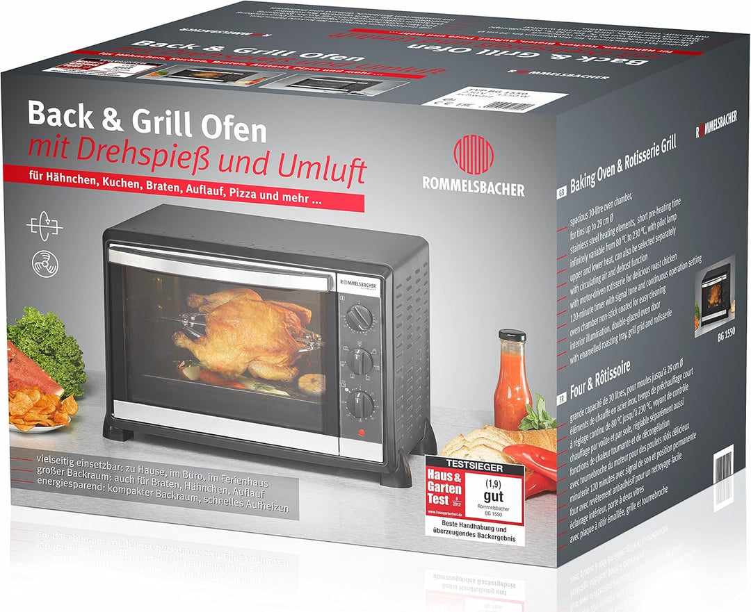 ROMMELSBACHER Back & Grill Ofen BG 1550 - 30 Liter Backraum, 7 Heizarten, Umluft, Drehspiess, Temper