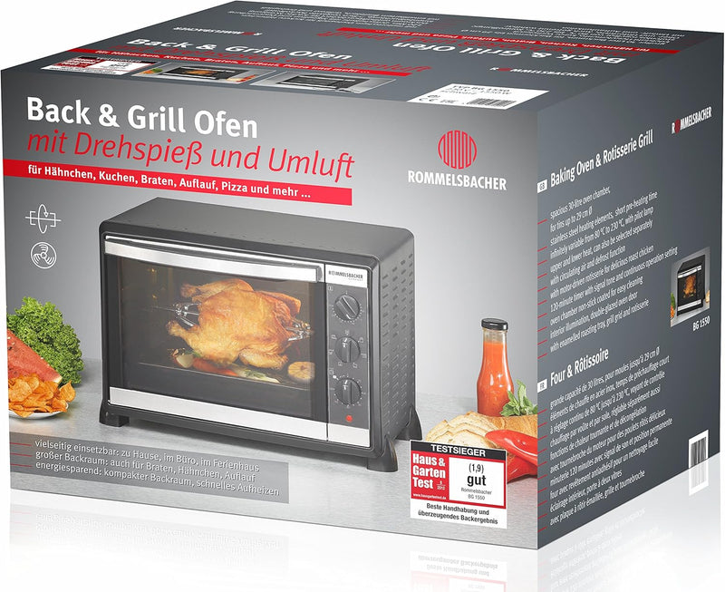 ROMMELSBACHER Back & Grill Ofen BG 1550 - 30 Liter Backraum, 7 Heizarten, Umluft, Drehspiess, Temper