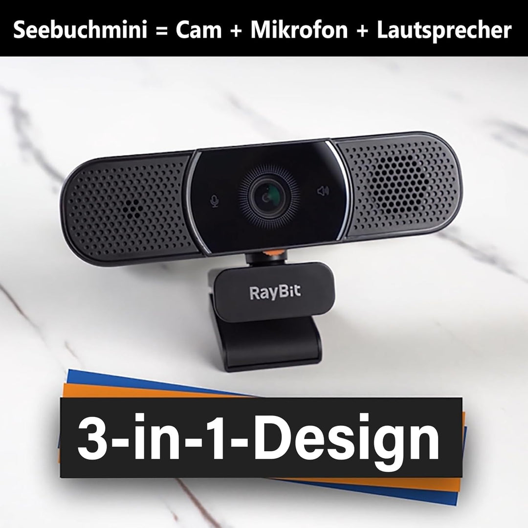 3-in-1 Webcam - 2K HD Webcam mit Mikrofon, Lautsprecher und Abdeckungen, Klarer Stereo-Sound & Belic