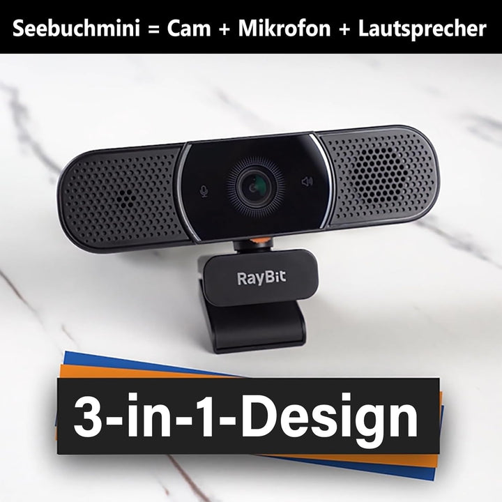 3-in-1 Webcam - 2K HD Webcam mit Mikrofon, Lautsprecher und Abdeckungen, Klarer Stereo-Sound & Belic
