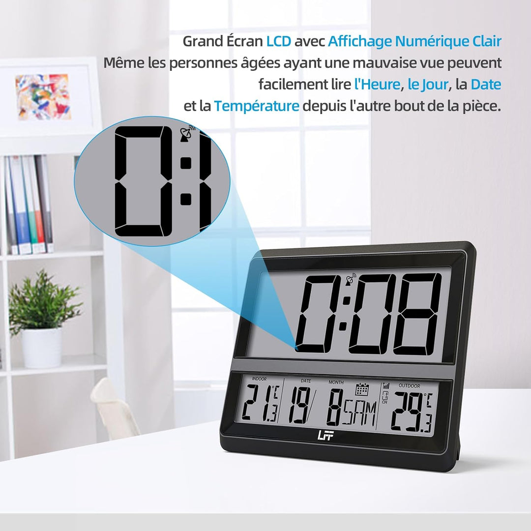 Atomuhr mit Grossem Display, Digitale Wanduhr mit Temperatur Datum Innen Aussen, Drahtloser Aussense