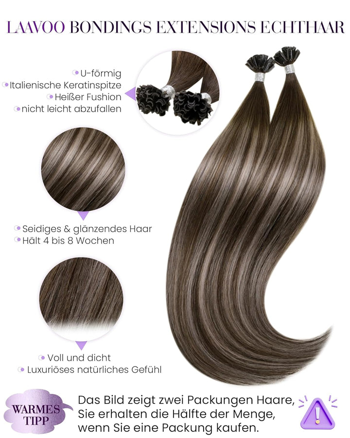 LaaVoo Bondings Echthaar Extensions Balayage 40cm Braun mit Asch Blond und Braun U Tips Haarverlänge
