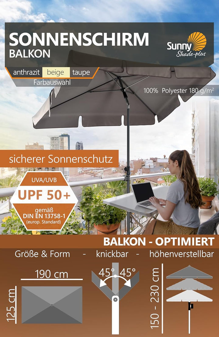 4smile Sonnenschirm Balkon SunnyShade Plus, Sonnnenschutz Balkon SET 3-in-1, Anthrazit - UV50+ Sonne
