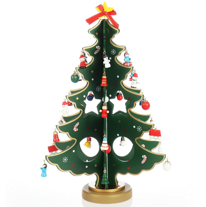 com-four® Mini-Weihnachtsbaum aus Holz - Zierschmuck - Aufsteller mit vielen Ornamenten zum Aufhänge