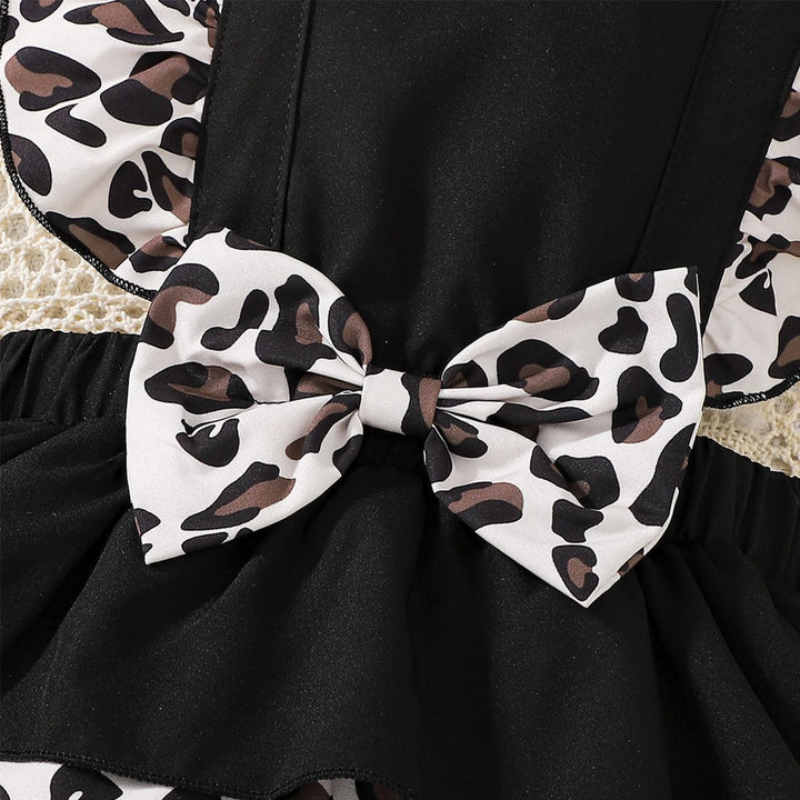 Baby Mädchen Leopard Print Hosenträger Kleid Bowknot Stirnband Kleiderset, ärmellos Rundhalsausschni