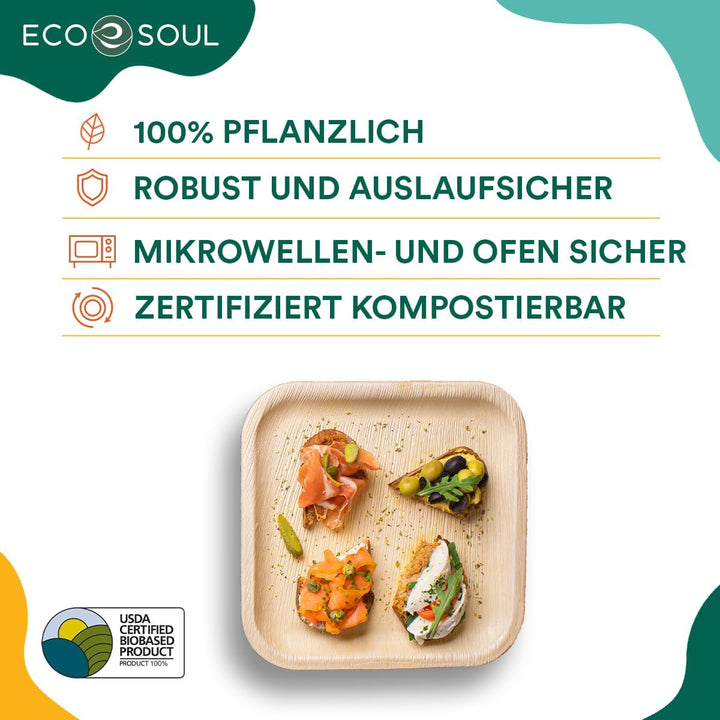 ECO SOUL 100% kompostierbare 20 cm, quadratische Palmblatt Teller [50 Stück] |Premium Palmblatt Gesc