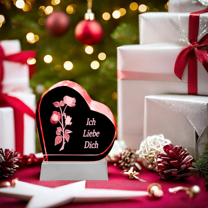 Kaltner Präsente Geschenkidee – Herz aus Glas: Kristallglas mit 3D-Laser-Gravur Rose - Ich Liebe Dic