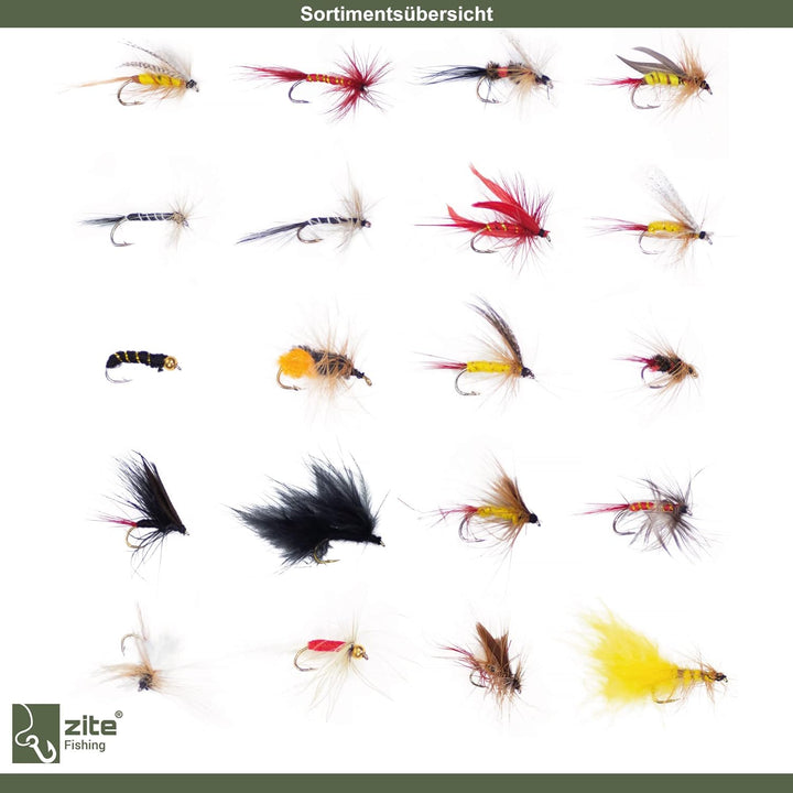 Zite Fishing Fliegen-Set Fliegenfischen - 120 Kunstköder + Wasserdichte Fliegen-Box Angeln - Forelle