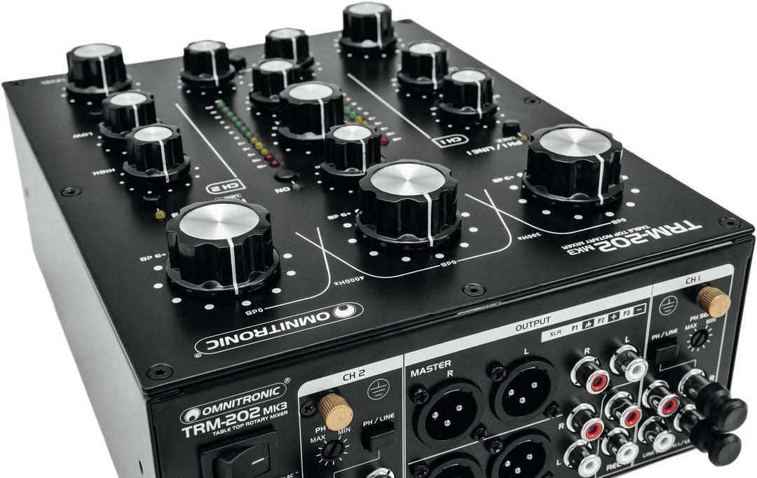 OMNITRONIC TRM-202 MK3 2-Kanal Rotary-Mixer mit 3-Band-Frequenzisolator | Gainregler, 2-Band-Equaliz