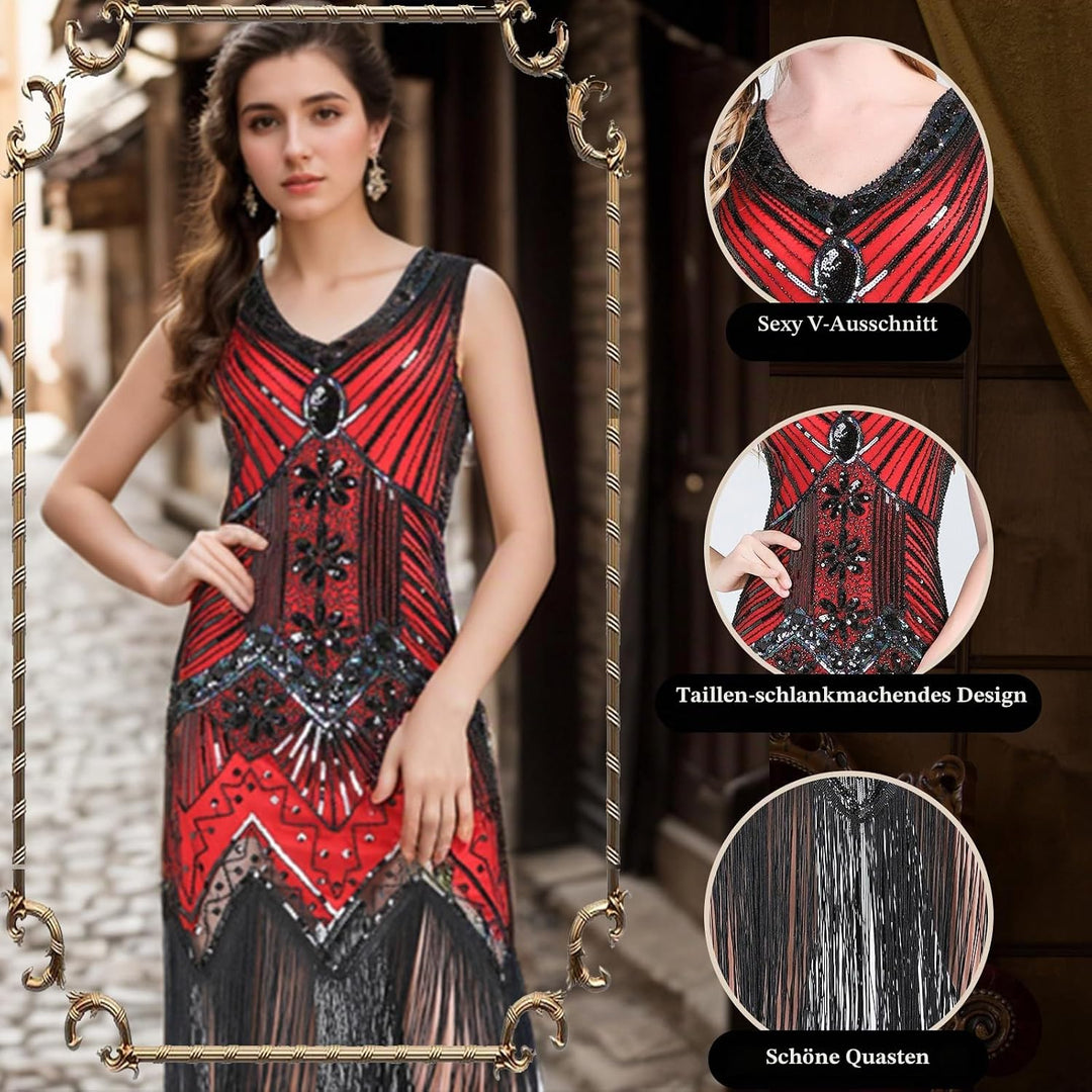 FEPITO 1920er Jahre V-Ausschnitt Pailletten Perlen Fransen Kleid mit 20er Jahren Zubehör Set Red（sty