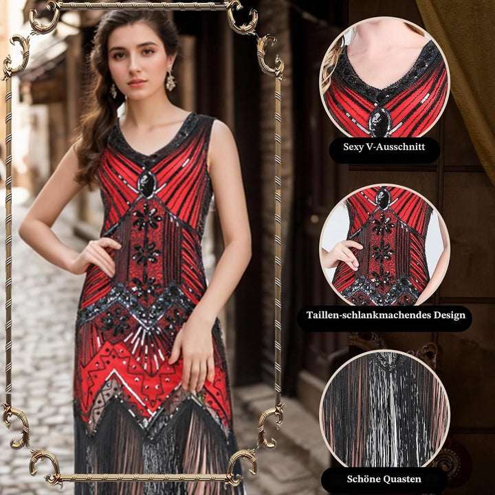 FEPITO 1920er Jahre Kleid mit V-Ausschnitt, Pailletten, Perlen und Fransen S Red（style 4）, S Red（sty