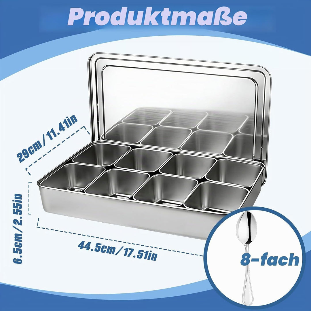 Gewürzbox Edelstahl mit 8 Fächern, Zutatenbehälter mit Herausnehmbaren Behälter für Gastro & Küche,