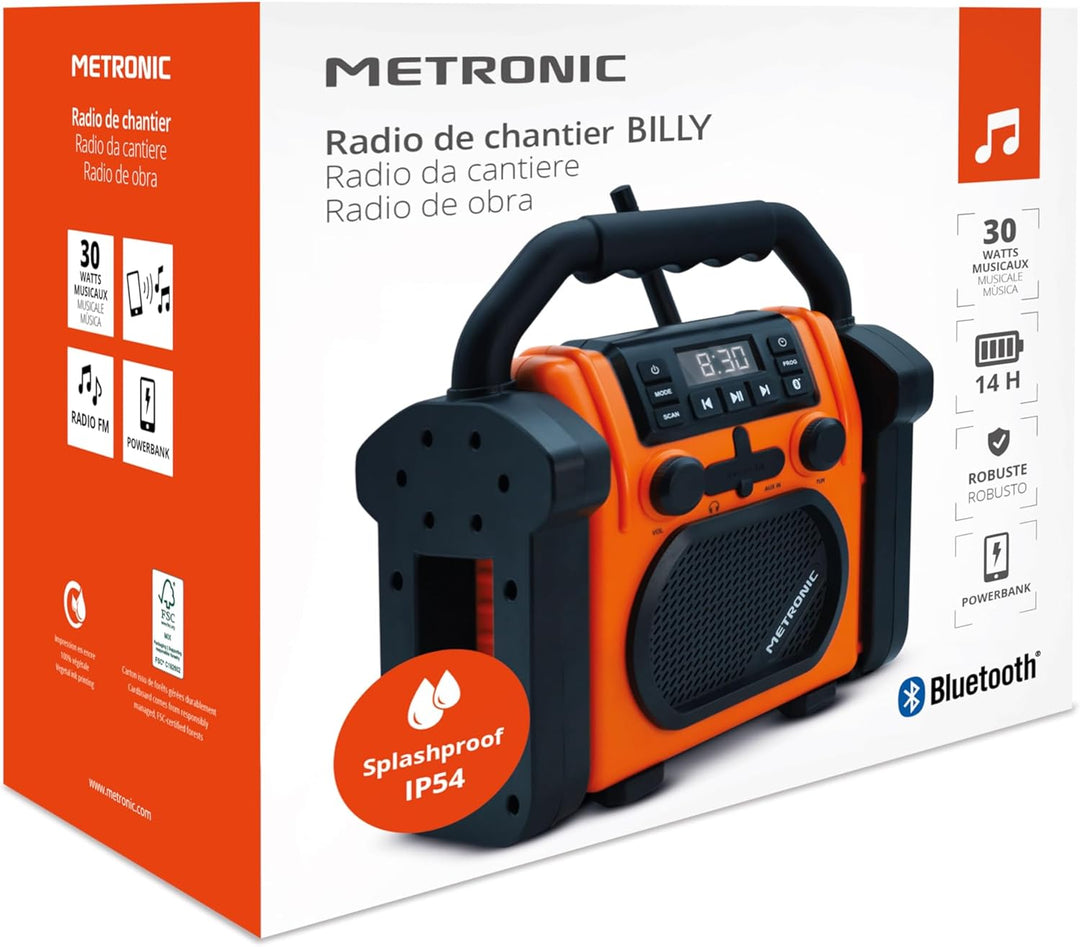 METRONIC 477227 Baustellenradio FM Bluetooth mit wiederaufladbarem Backup-Akku – robust, stossfest,
