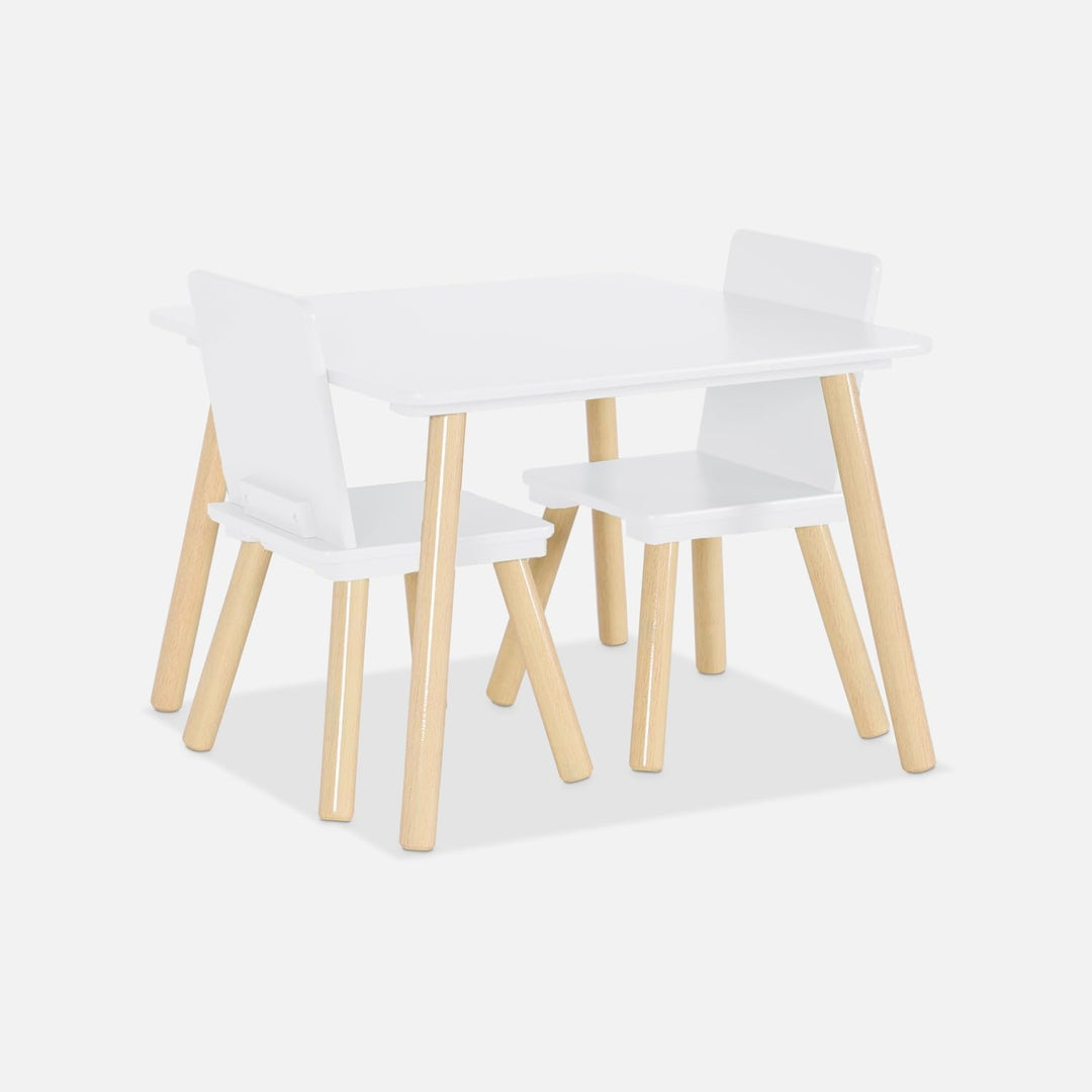 sweeek - Quadratischer Kindertisch mit 2 Stühlen, Beine aus Kiefernholz - Judith Weiss, Weiss