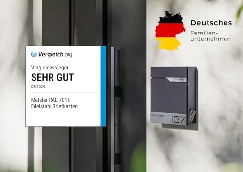 Metzler moderner Briefkasten DB703 Eisenglimmer personalisiert mit Edelstahl-Namensschild, modern, a