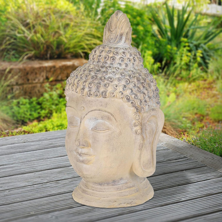 ECD Germany Buddha Figur 78 cm Beige/Grau, Kunststein Polyresin, Kopf Statue Skulptur Dekofigur Feng