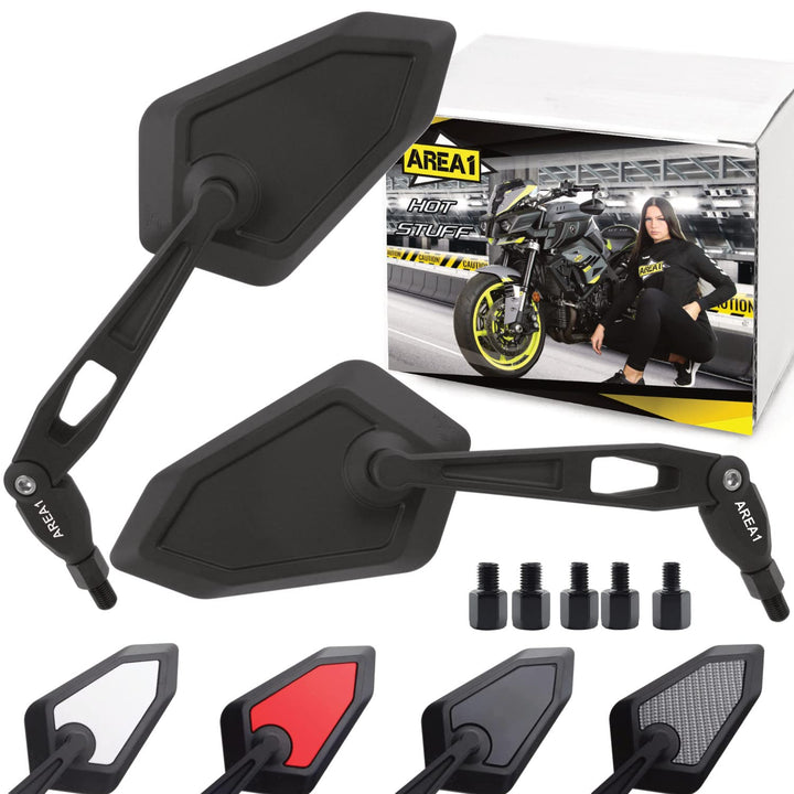 Area1 Universal Motorrad Rückspiegel Paar e-geprüft 2x M10 Rechtsgewinde + Linksgewindeadapter, pass