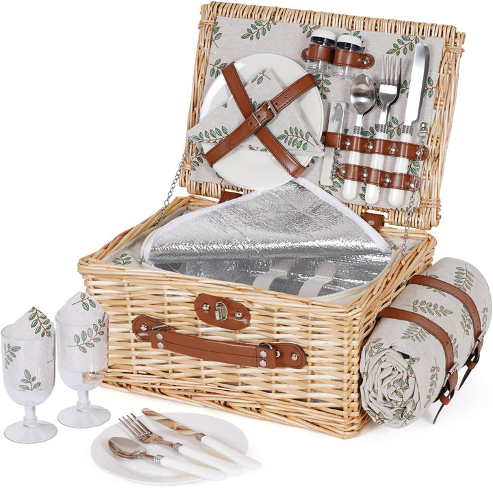 HappyPicnic Picknickkorb-Set für 2 – Weiden-Picknickkorb mit wasserdichter Decke & isoliertem Innenf