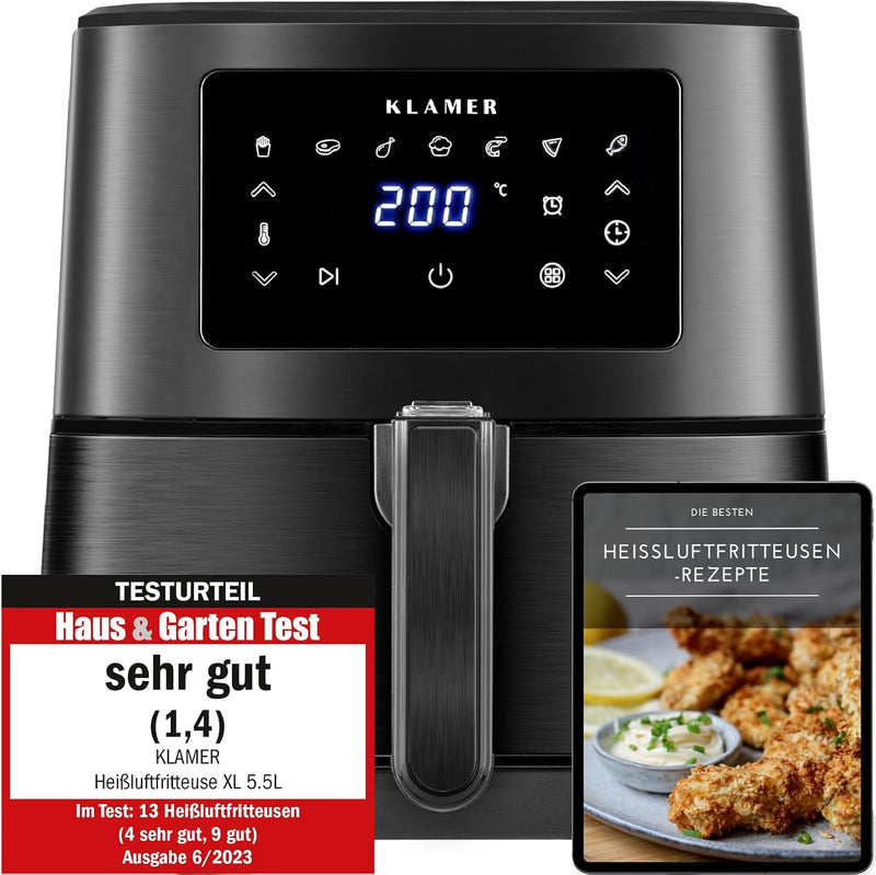 KLAMER Heissluftfritteuse 5,5l XXL, ölfreie Friteuse, 1700W Airfryer mit LED-Touchscreen, digitalem