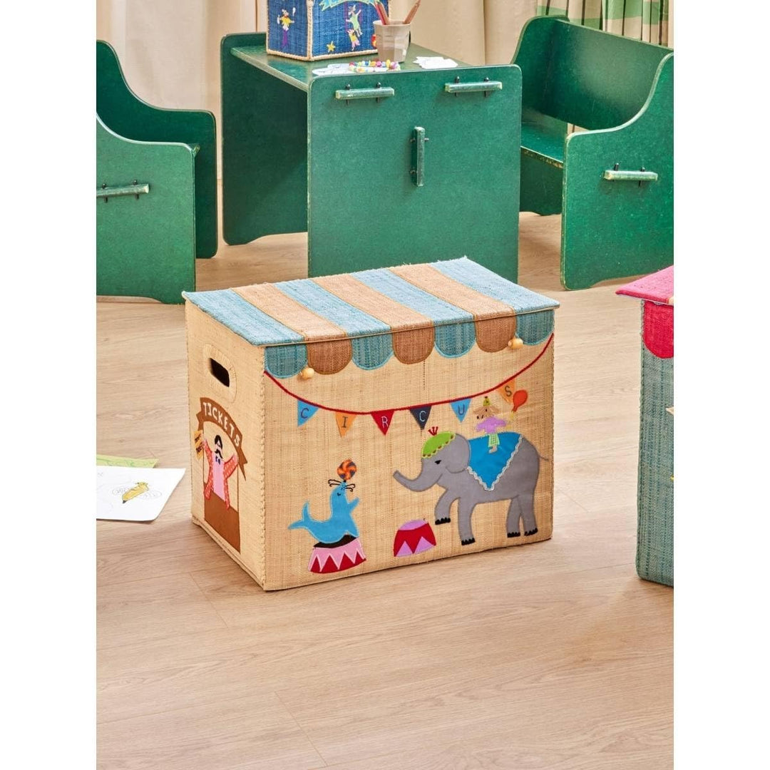 Grosse Raffia Aufbewahrungsbox für Kinder mit Zirkusmotiv, faltbar mit Deckel & Griffen | handgefert