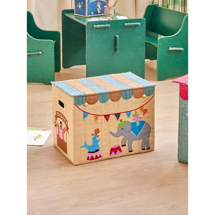 Grosse Raffia Aufbewahrungsbox für Kinder mit Zirkusmotiv, faltbar mit Deckel & Griffen | handgefert
