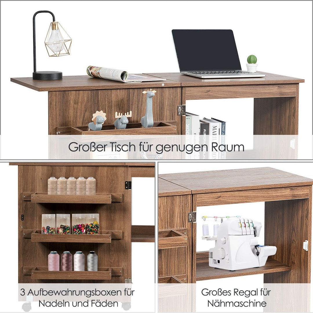 DREAMADE Nähtisch Nähmaschinenschrank Faltbar, Nähschrank Nähmöbel, Mehrzwecktisch mit 4 Rollen (Bra