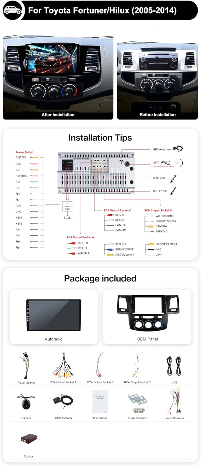 Android 15 Autoradio für Toyota Fortuner Hilux 2008-2015 GPS Navigation Radio - Kabellos CarPlay And