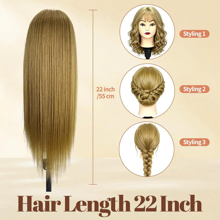 Yofuly 22Zoll / 56cm Frisierkopf, 85% Echthaar Übungskopf, Frisieren Trainingsköpfe Puppenkopf Frise