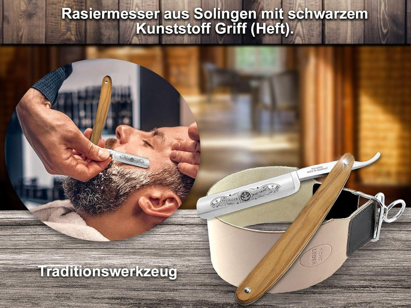 Rasiermesser Solingen im Set mit Extra Breitem Abziehleder Lederriemen Rasier-Set Herren für die kla