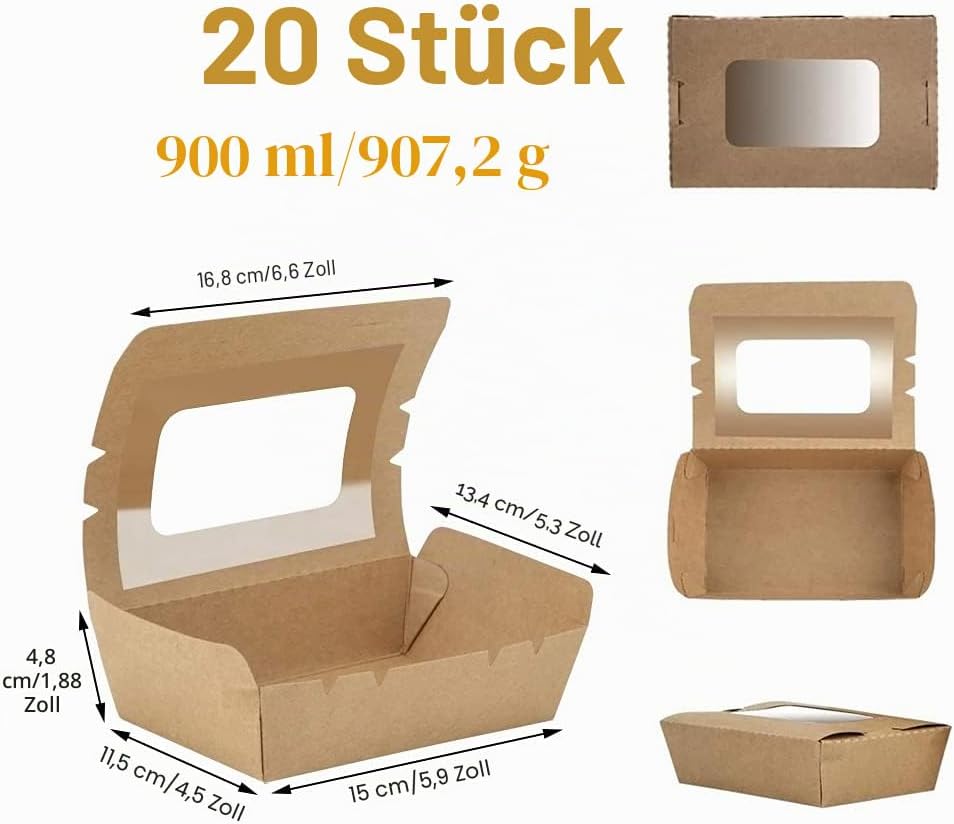 Kraftpapier Lunchbox, Kraftkarton Snackboxen, Take Away Box, mit Fenster, Öl und Wasserdicht, für Sa