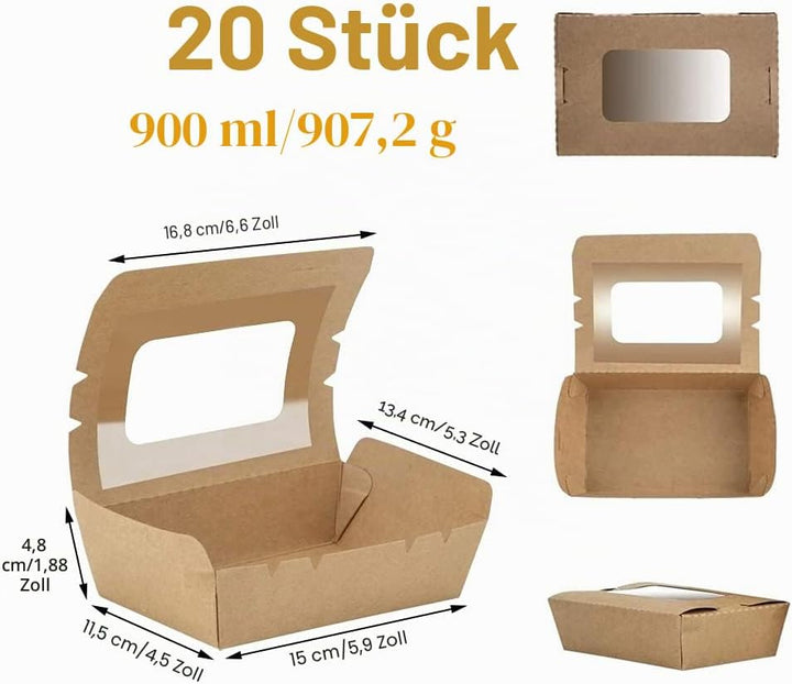 Kraftpapier Lunchbox, Kraftkarton Snackboxen, Take Away Box, mit Fenster, Öl und Wasserdicht, für Sa