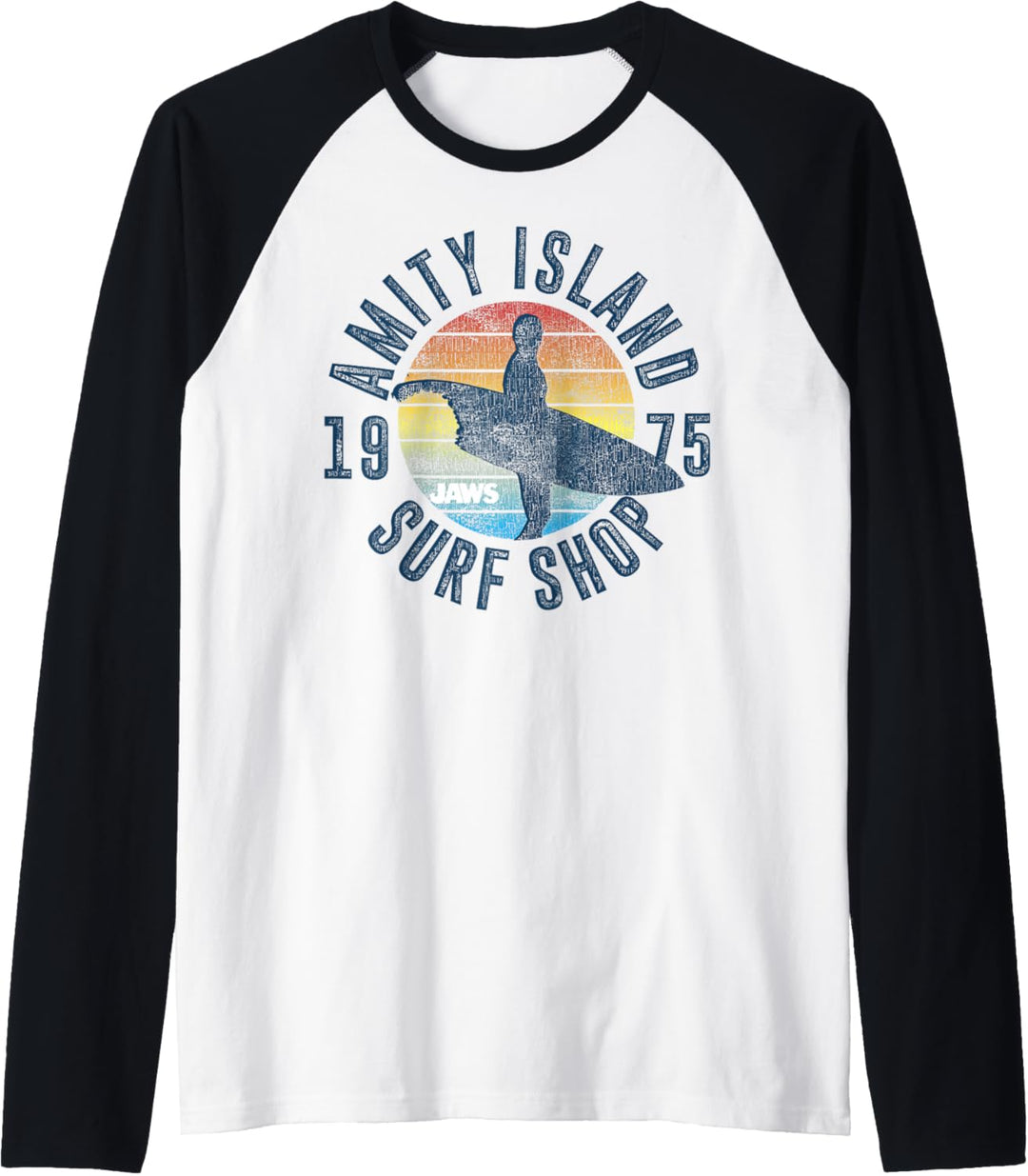 Jaws Amity Island Surf Shop 1975 Retro Logo Raglan