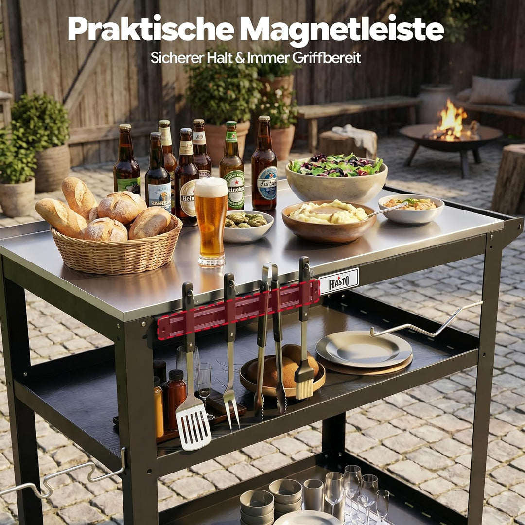 Feasto 3 Etagen Grillwagen mit Edelstahlplatte, Mobile Grilltisch mit Gewürzregal & Magnetleiste, Ou