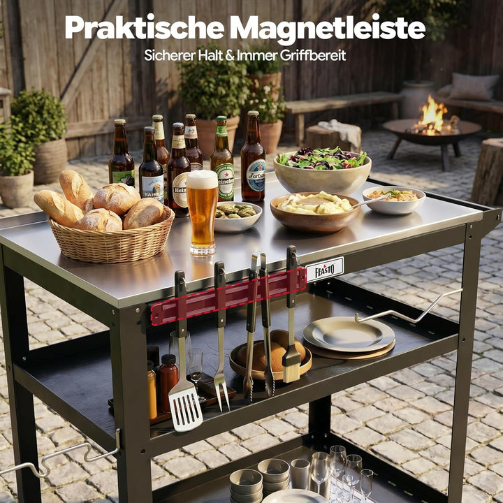 Feasto 3 Etagen Grillwagen mit Edelstahlplatte, Mobile Grilltisch mit Gewürzregal & Magnetleiste, Ou