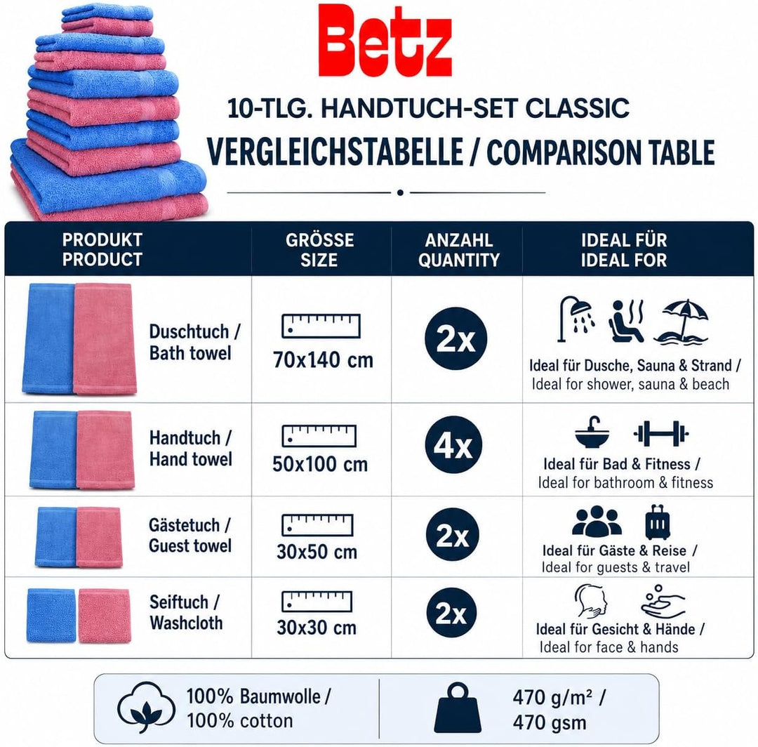 Betz 10-TLG. Handtuch-Set Classic 100% Baumwolle 2 Duschtücher 4 Handtücher 2 Gästetücher 2 Seiftüch