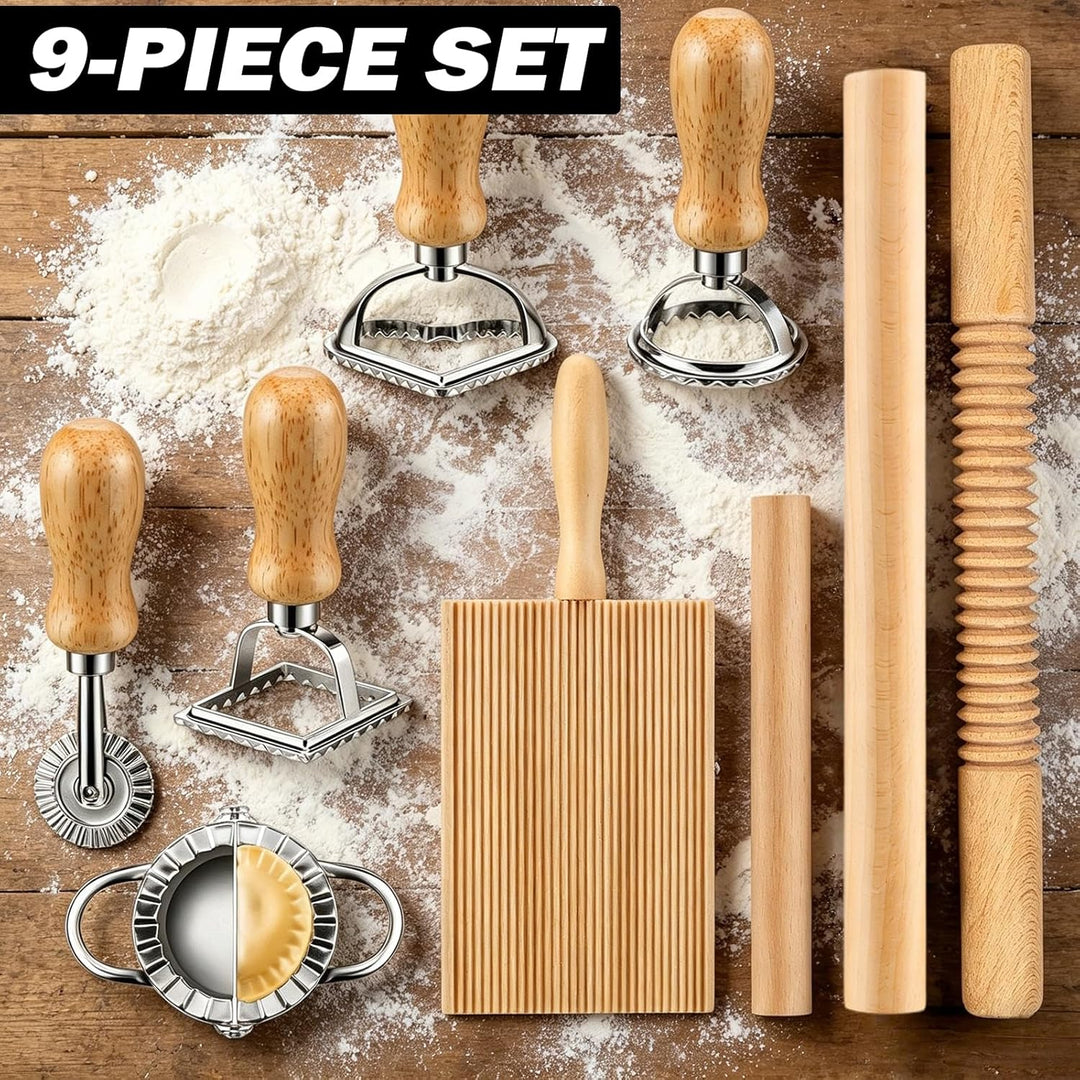 9 Stück NudelherstellungsSet:Effizientes Nudelherstellungs Set mit Nudelhölzern,GnocchiBrett,Teigsch
