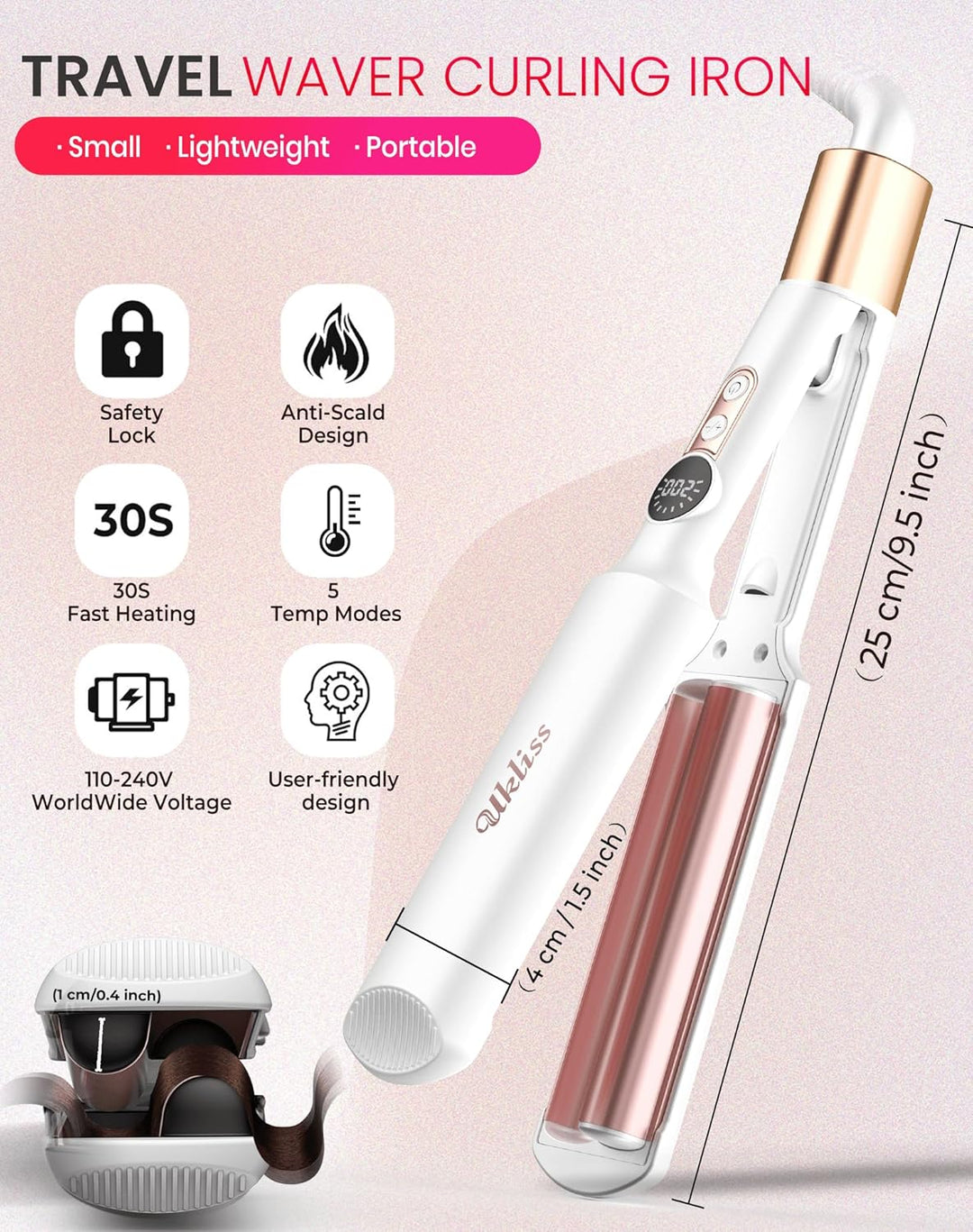 UKLISS Welleneisen - Pro Mini Welleneisen für Haare mit 2 Reiseadaptern, LCD-Anzeige [120-210℃] Beac