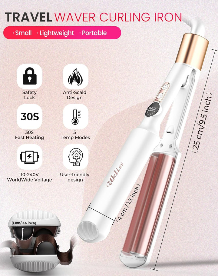 UKLISS Welleneisen - Pro Mini Welleneisen für Haare mit 2 Reiseadaptern, LCD-Anzeige [120-210℃] Beac