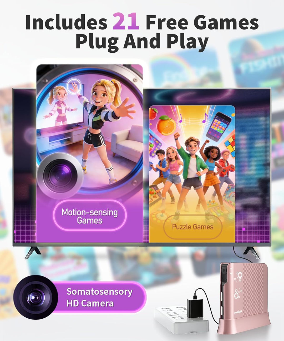 Spielkonsole für Kinder mit Bewegungsspielen, Plug & Play TV-Spielkonsole, ideal für Indoor-Bewegung