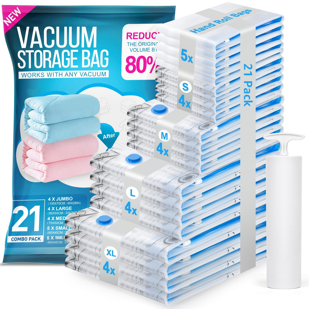 BoxLegend Vakuumbeutel für Kleidung & Bettdecken 21 Stück, 4 XL + 4 L + 4 M + 4 S + 5 Rollen Mit Han