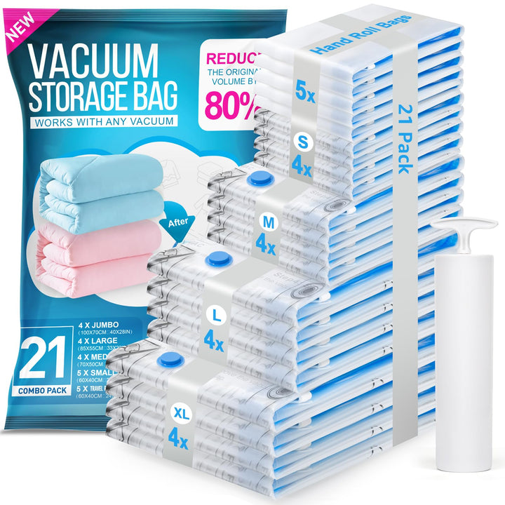 BoxLegend Vakuumbeutel für Kleidung & Bettdecken 21 Stück, 4 XL + 4 L + 4 M + 4 S + 5 Rollen Mit Han