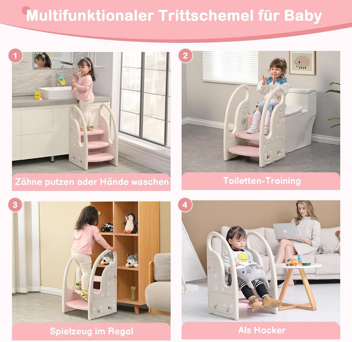 Onasti Tritthocker für Kinder, Dreistufiger Höhenverstellbar Tritt-Schemel Kinderschemel für Baby, B