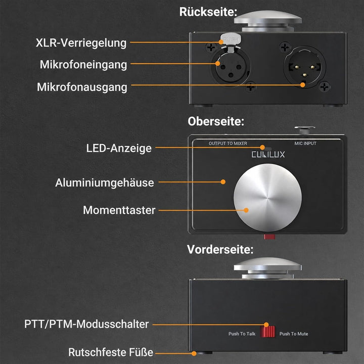 Cubilux XLR Mikrofon Stummtaste mit Momentfunktion, umschaltbar zwischen Push to Talk (PTT) und Push