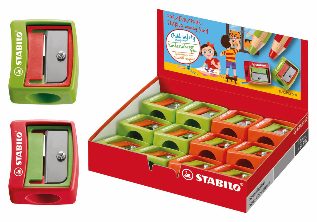 STABILO woody 3 in 1 Spitzer - für extradicke Stifte - 12er Pack - grün/rot, rot/grün, 12er Pack