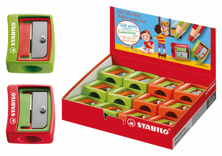 STABILO woody 3 in 1 Spitzer - für extradicke Stifte - 12er Pack - grün/rot, rot/grün, 12er Pack