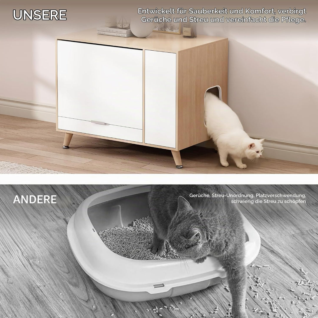 Katzenschrank mit Klappe nach Oben Tür &amp; Schublade, 80x50x60 cm | Katzentoilette Versteck als Beiste