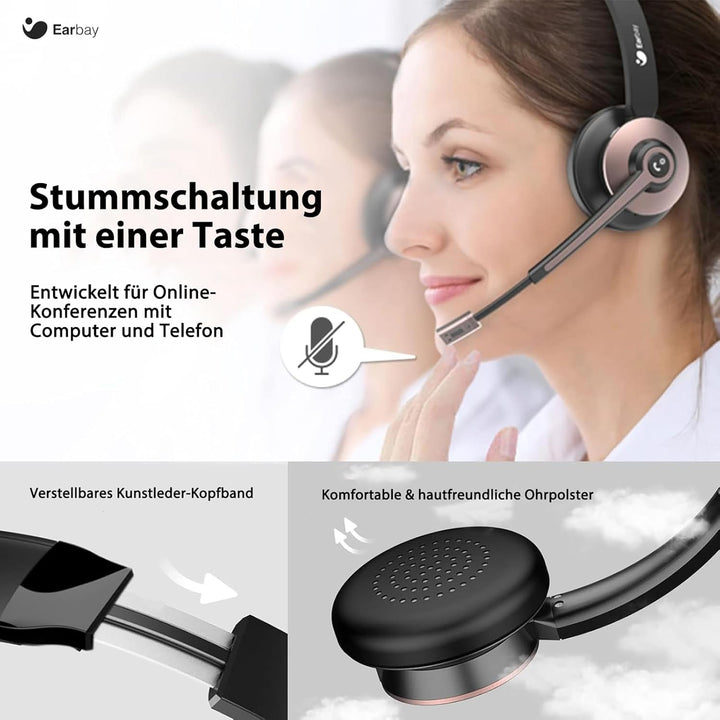 Earbay Kabelloses Headset, Bluetooth-Headset mit Mikrofon und Rauschunterdrückung & USB-Dongle, Kabe